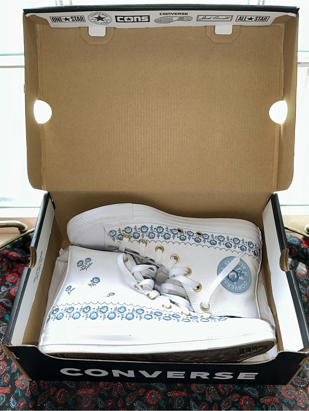 Custom Converse White High Top Sneakers with Blue Floral Trim
